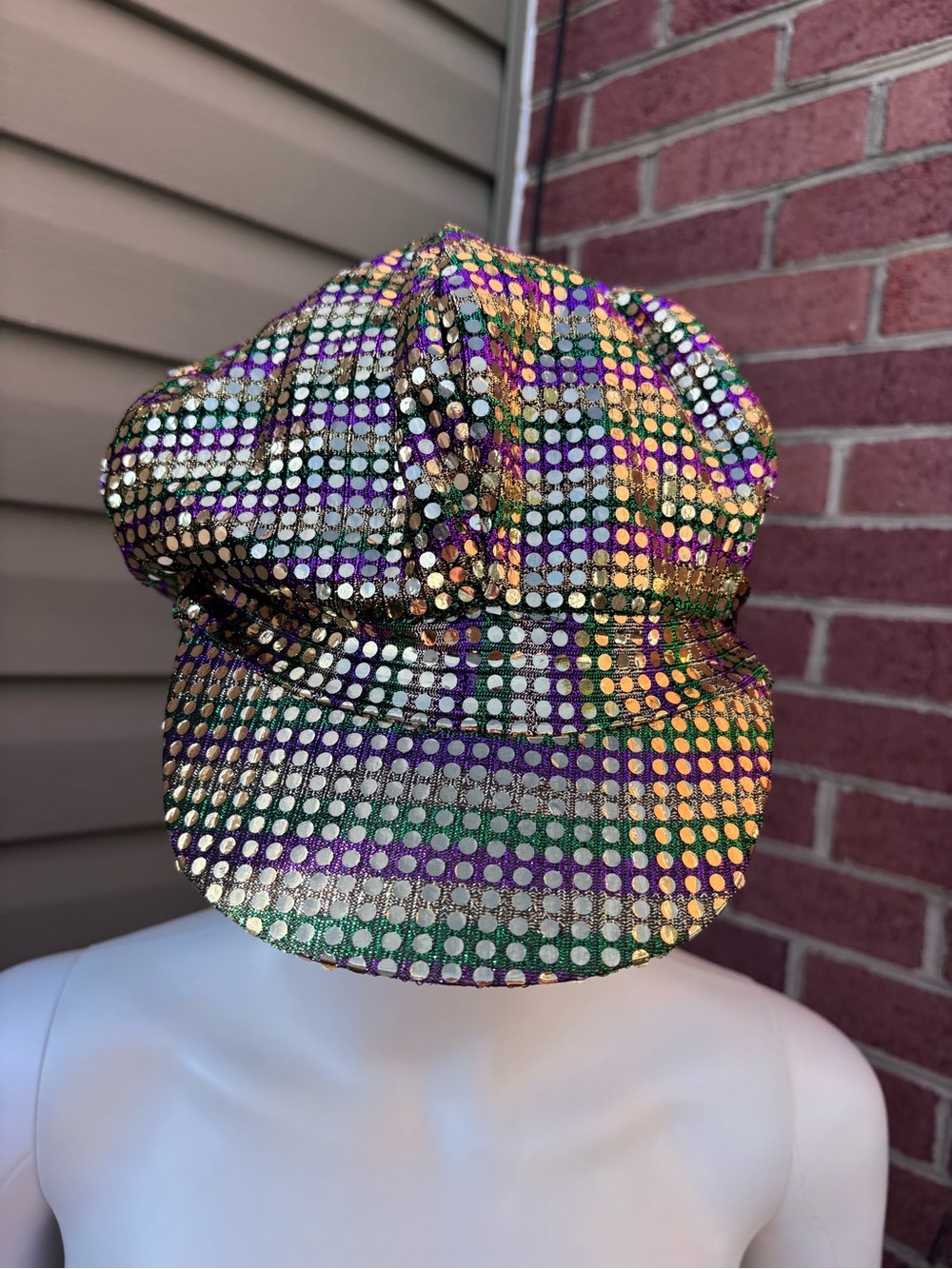 VINTAGE GOLD PURPLE GREEN SHINY SEQUIN NEWSBOY CAP HAT MARDI GRAS